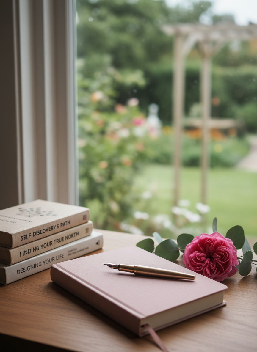 A tidy writing desk positioned by a large window holds a closed, cloth-bound journal in muted blush, a fountain pen resting diagonally across its cover, and a small stack of well-loved books on self-discovery. A single garden rose and a sprig of eucalyptus are laid thoughtfully beside the journal, adding botanical elegance. Outside the window, softly blurred greenery and hints of a garden bloom in the distance. Soft overcast daylight filters in, creating even, flattering illumination with gentle shadows. Photographic realism, shot from a slightly elevated angle using the rule of thirds, gives the scene a calm, contemplative mood. The image feels refined and inviting, suggesting women thoughtfully rewriting their stories and dreaming in full color.