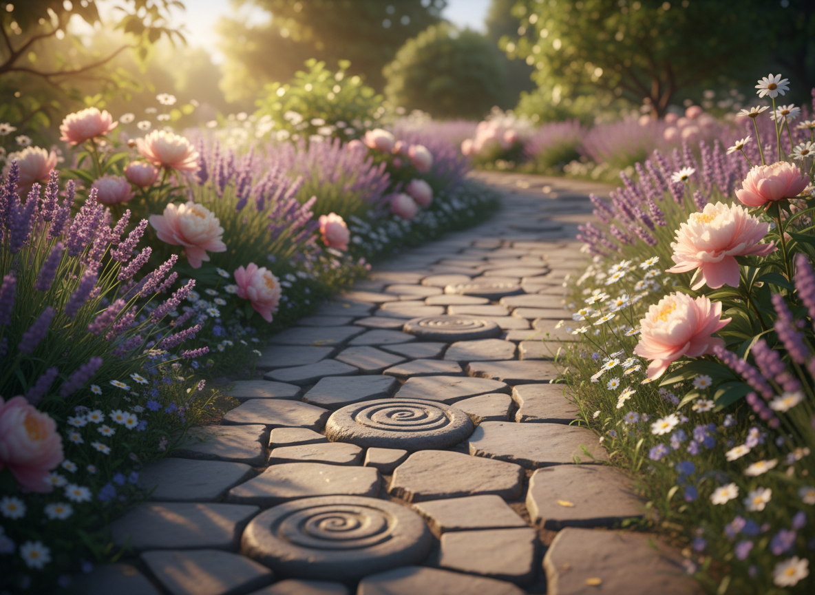 A graceful stone pathway winds through a meticulously tended garden, bordered by lavender, peonies, and delicate white wildflowers, each in varying stages of bloom. Along the path, small, weathered stepping stones are engraved with subtle, unreadable patterns, hinting at milestones and personal chapters. The far end of the path fades into a soft bokeh of greenery and light, suggesting an unfolding journey. Golden hour sunlight bathes the scene in a warm, luminous glow, catching on petals and leaves, and casting long, gentle shadows. Photographic realism with a slightly elevated, diagonal composition emphasizes depth and forward motion. The atmosphere is both serene and quietly triumphant, symbolizing personal growth one brave, beautiful step at a time.