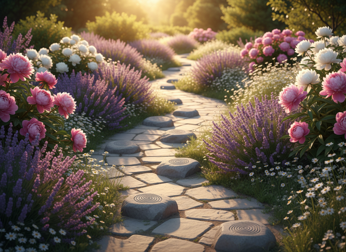 A graceful stone pathway winds through a meticulously tended garden, bordered by lavender, peonies, and delicate white wildflowers, each in varying stages of bloom. Along the path, small, weathered stepping stones are engraved with subtle, unreadable patterns, hinting at milestones and personal chapters. The far end of the path fades into a soft bokeh of greenery and light, suggesting an unfolding journey. Golden hour sunlight bathes the scene in a warm, luminous glow, catching on petals and leaves, and casting long, gentle shadows. Photographic realism with a slightly elevated, diagonal composition emphasizes depth and forward motion. The atmosphere is both serene and quietly triumphant, symbolizing personal growth one brave, beautiful step at a time.