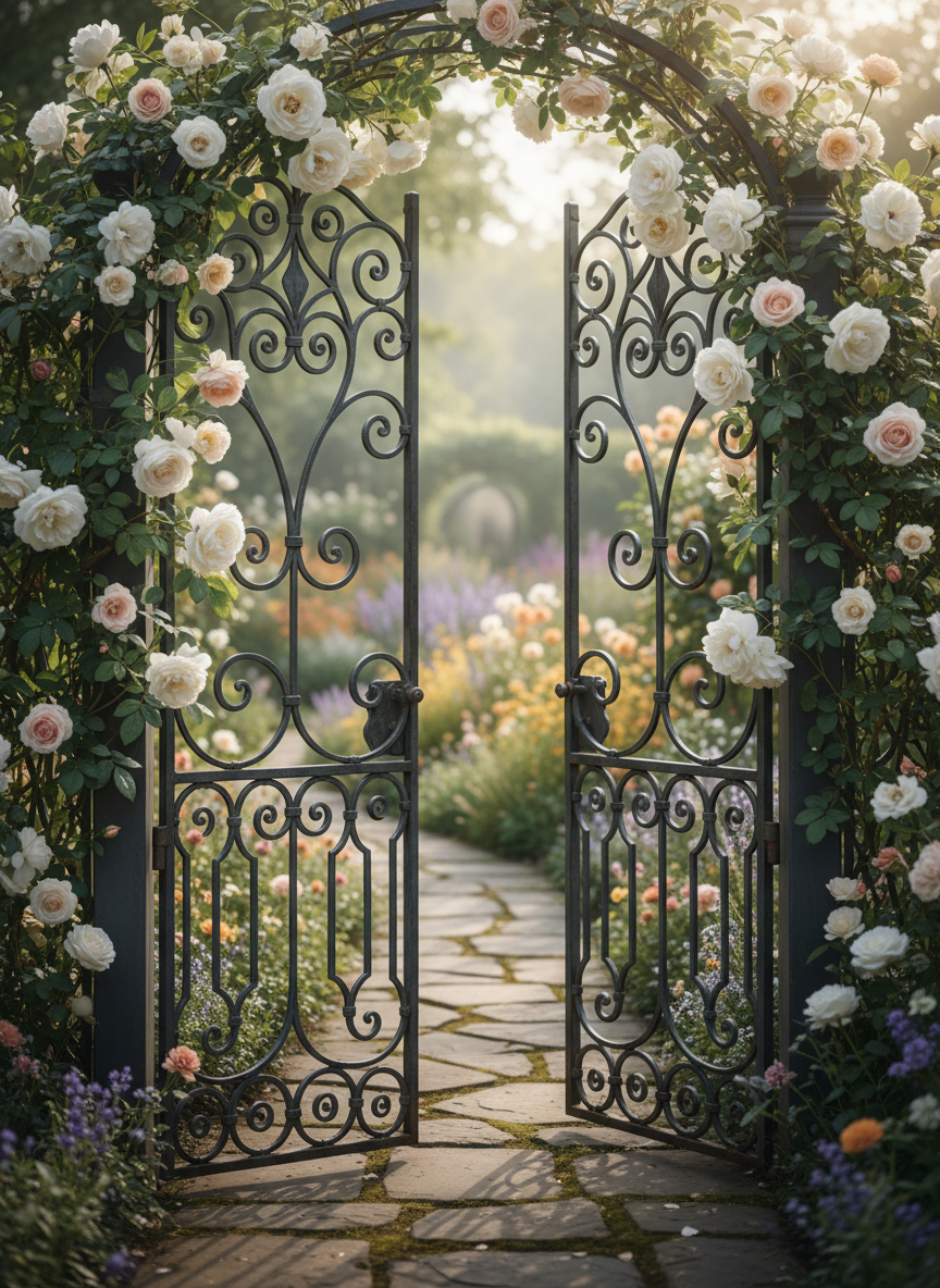 An ornate, wrought-iron garden gate stands slightly ajar, framed by climbing white and pale-pink roses and deep green foliage. Beyond the opening, a softly blurred path of stone pavers curves into a luminous, blurred garden filled with blooming flowers and dappled light, symbolizing a journey just beginning. Early morning sunlight filters through the leaves, creating a gentle, diffused glow and soft highlights along the metalwork. Photographic realism with a centered, slightly low-angle composition emphasizes the gate as an invitation to step into a new chapter. The mood is serene, sophisticated, and full of quiet anticipation, capturing the essence of personal transformation and brave, hopeful steps forward.