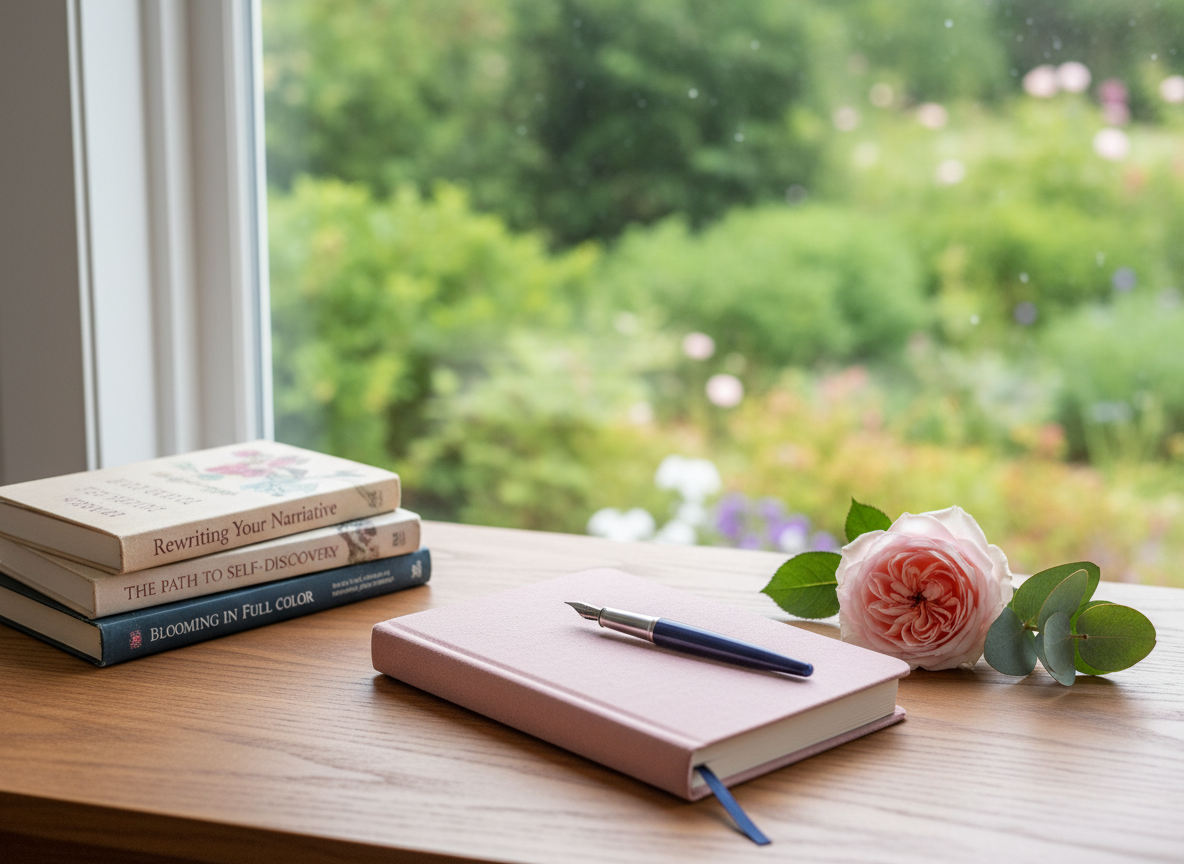 A tidy writing desk positioned by a large window holds a closed, cloth-bound journal in muted blush, a fountain pen resting diagonally across its cover, and a small stack of well-loved books on self-discovery. A single garden rose and a sprig of eucalyptus are laid thoughtfully beside the journal, adding botanical elegance. Outside the window, softly blurred greenery and hints of a garden bloom in the distance. Soft overcast daylight filters in, creating even, flattering illumination with gentle shadows. Photographic realism, shot from a slightly elevated angle using the rule of thirds, gives the scene a calm, contemplative mood. The image feels refined and inviting, suggesting women thoughtfully rewriting their stories and dreaming in full color.