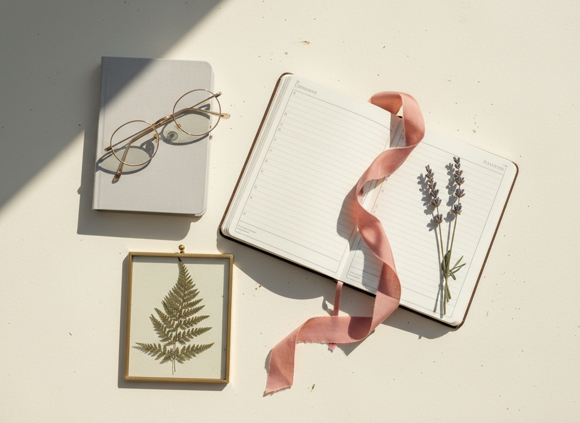 A close-up of a beautifully curated flat lay shows an open planner with softly lined pages, a blush-toned ribbon loosely draped across it, and a sprig of dried lavender resting near the margin. Beside the planner, there is a pair of gold-rimmed reading glasses, a pale grey linen-covered notebook, and a pressed botanical specimen encased in a small glass frame. The background is a textured, ivory tabletop with subtle imperfections that add warmth. Natural window light from the left creates gentle highlights on metallic edges and soft shadows that guide the eye through the composition. Photographic realism with a top-down perspective and careful, asymmetrical balance creates a refined, intentional mood, suggesting thoughtful goal setting and the quiet, courageous act of rewriting one’s story.