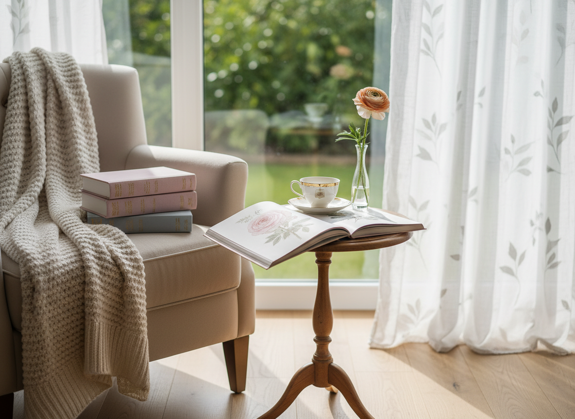 An elegant reading nook is arranged beside a tall window that overlooks a lush, blurred garden. A plush, neutral-toned armchair holds a folded knitted throw and a stack of hardbound books with linen covers in soft, feminine hues. On a small round side table, a delicate teacup rests atop a botanical-illustration book, with a single ranunculus stem in a slender glass vase. Late-afternoon sunlight pours through sheer curtains, creating soft, diffused light and subtle patterns across the floor. Photographic realism, captured at eye level with a shallow depth of field, focuses on the books and florals while gently fading the background. The mood is sophisticated, nurturing, and introspective, evoking a sanctuary where women can reflect, learn, and design beautiful lives.