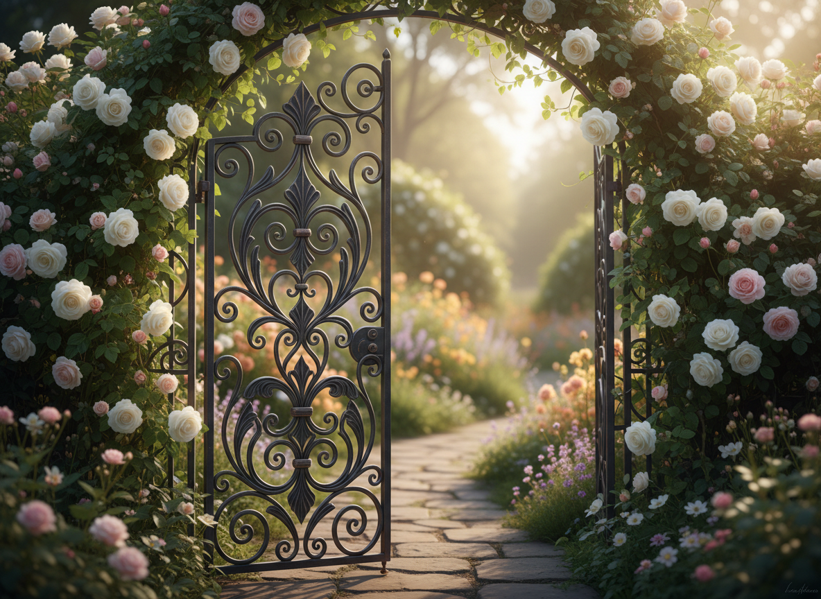 An ornate, wrought-iron garden gate stands slightly ajar, framed by climbing white and pale-pink roses and deep green foliage. Beyond the opening, a softly blurred path of stone pavers curves into a luminous, blurred garden filled with blooming flowers and dappled light, symbolizing a journey just beginning. Early morning sunlight filters through the leaves, creating a gentle, diffused glow and soft highlights along the metalwork. Photographic realism with a centered, slightly low-angle composition emphasizes the gate as an invitation to step into a new chapter. The mood is serene, sophisticated, and full of quiet anticipation, capturing the essence of personal transformation and brave, hopeful steps forward.