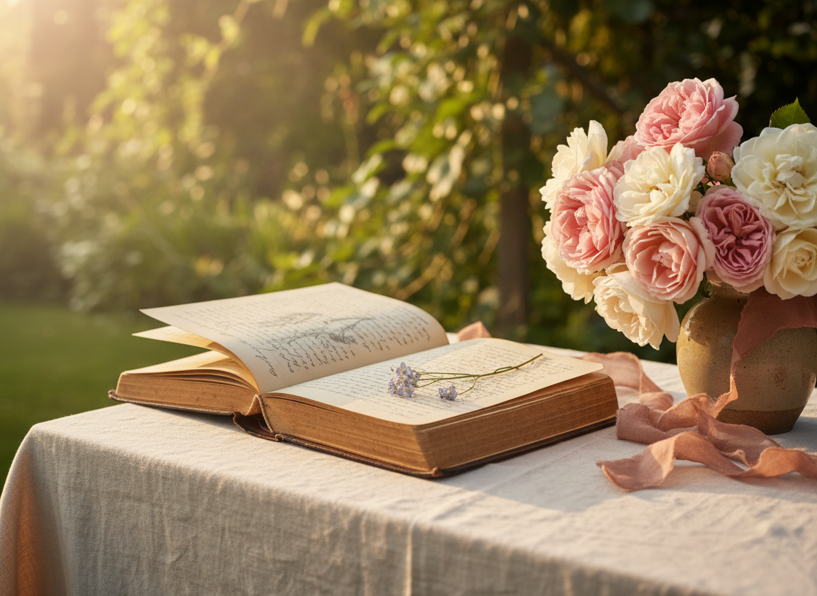 A weathered yet elegant garden journal lies open on a linen-draped table, its cream pages filled with faint, handwritten reflections and a pressed wildflower tucked between them. A cluster of soft blush and ivory roses spills from a simple ceramic vase nearby, with a silk ribbon curling gently across the tabletop. In the background, a blurred view of a lush, sunlit garden suggests possibility and new beginnings. Late afternoon golden light streams in from the side, casting delicate shadows and a warm, hopeful glow. Photographic realism, shot at eye level with a shallow depth of field, creates an intimate, sophisticated atmosphere that evokes personal growth and quiet transformation.