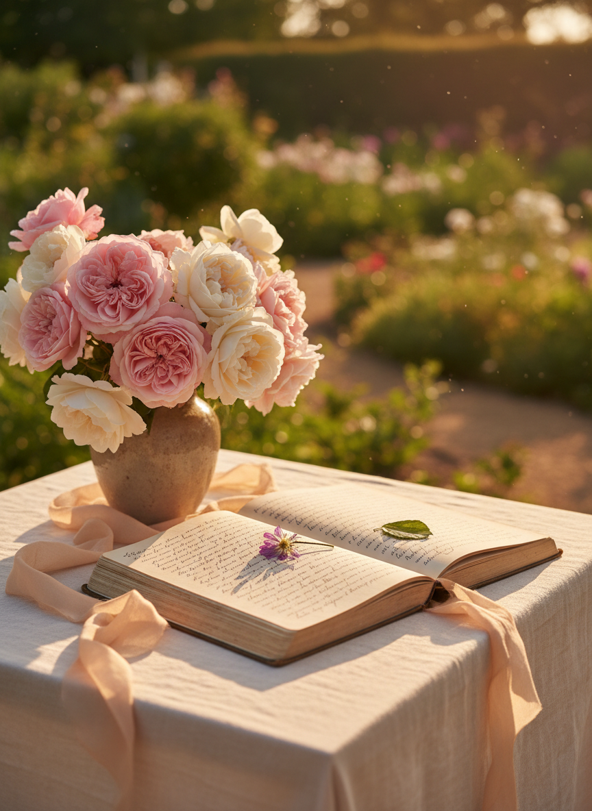 A weathered yet elegant garden journal lies open on a linen-draped table, its cream pages filled with faint, handwritten reflections and a pressed wildflower tucked between them. A cluster of soft blush and ivory roses spills from a simple ceramic vase nearby, with a silk ribbon curling gently across the tabletop. In the background, a blurred view of a lush, sunlit garden suggests possibility and new beginnings. Late afternoon golden light streams in from the side, casting delicate shadows and a warm, hopeful glow. Photographic realism, shot at eye level with a shallow depth of field, creates an intimate, sophisticated atmosphere that evokes personal growth and quiet transformation.