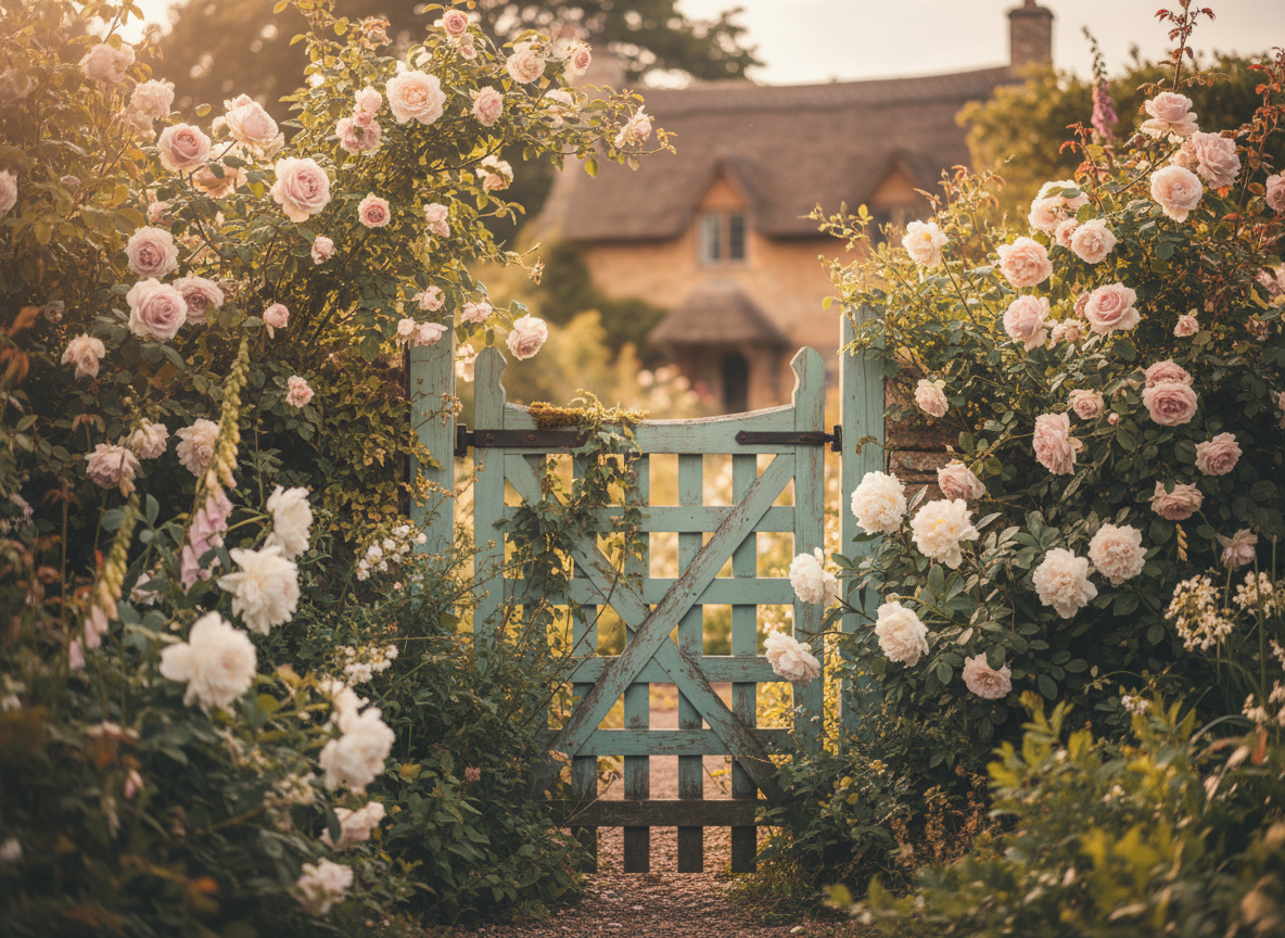 A blush-pink and cream cottage garden in full bloom around a weathered garden gate at golden hour