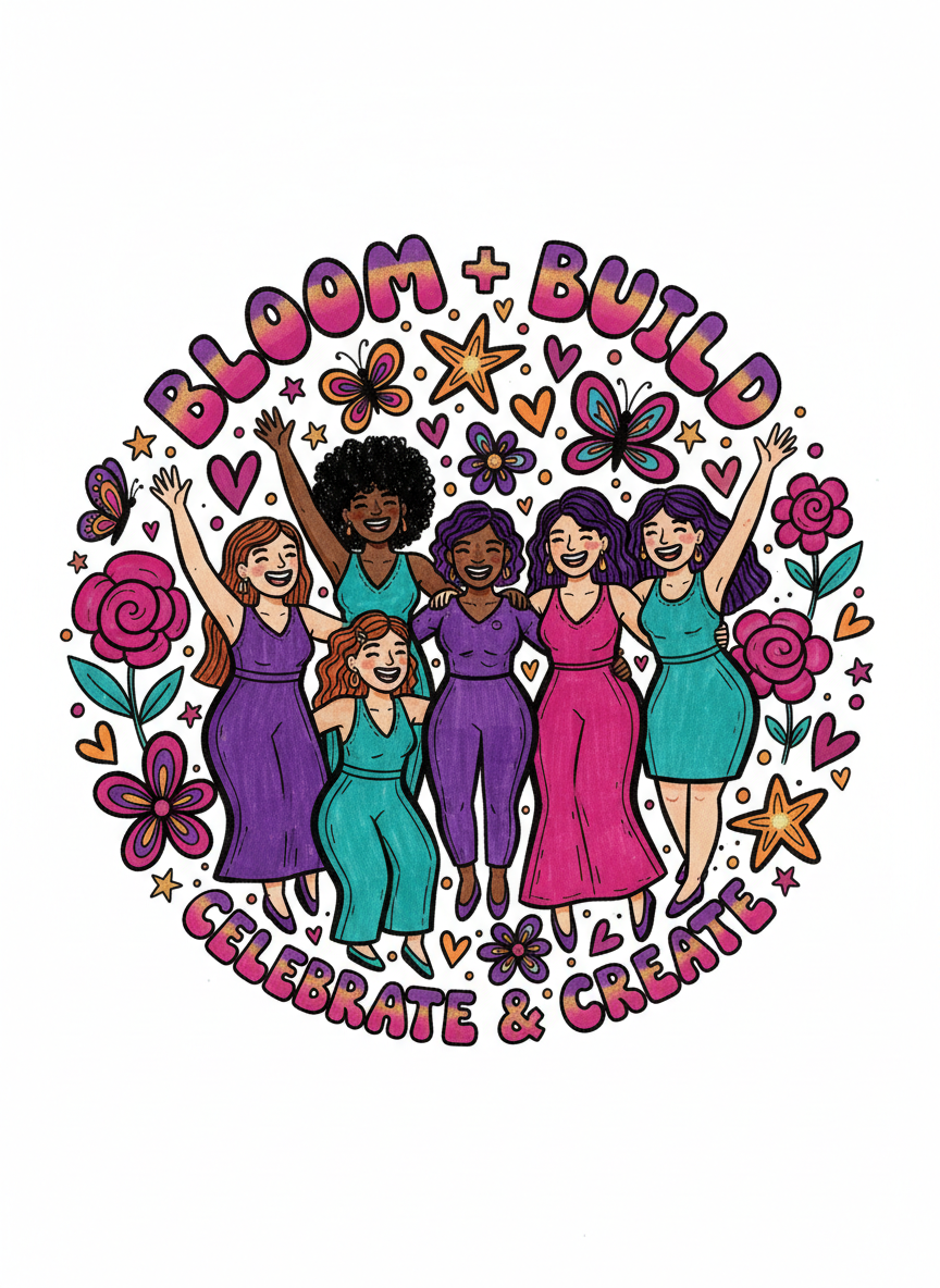 Colorful doodle-style illustration of diverse women celebrating together in the Bloom + Build Circle community