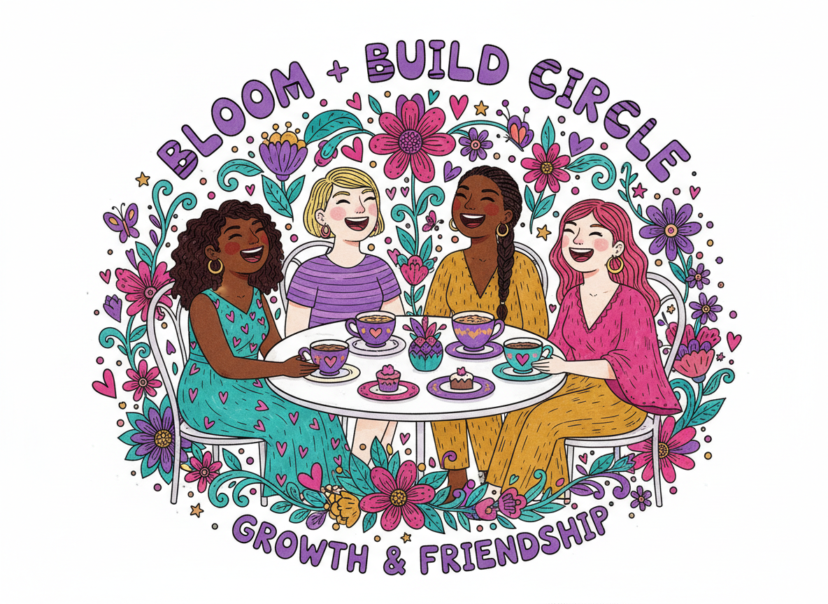Colorful doodle-style illustration of diverse women gathered at a garden café, laughing and connecting