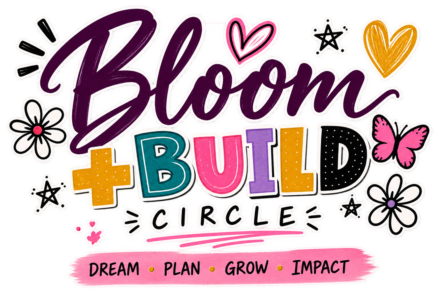 Bloom + Build Circle logo featuring vibrant text with decorative flowers and hearts