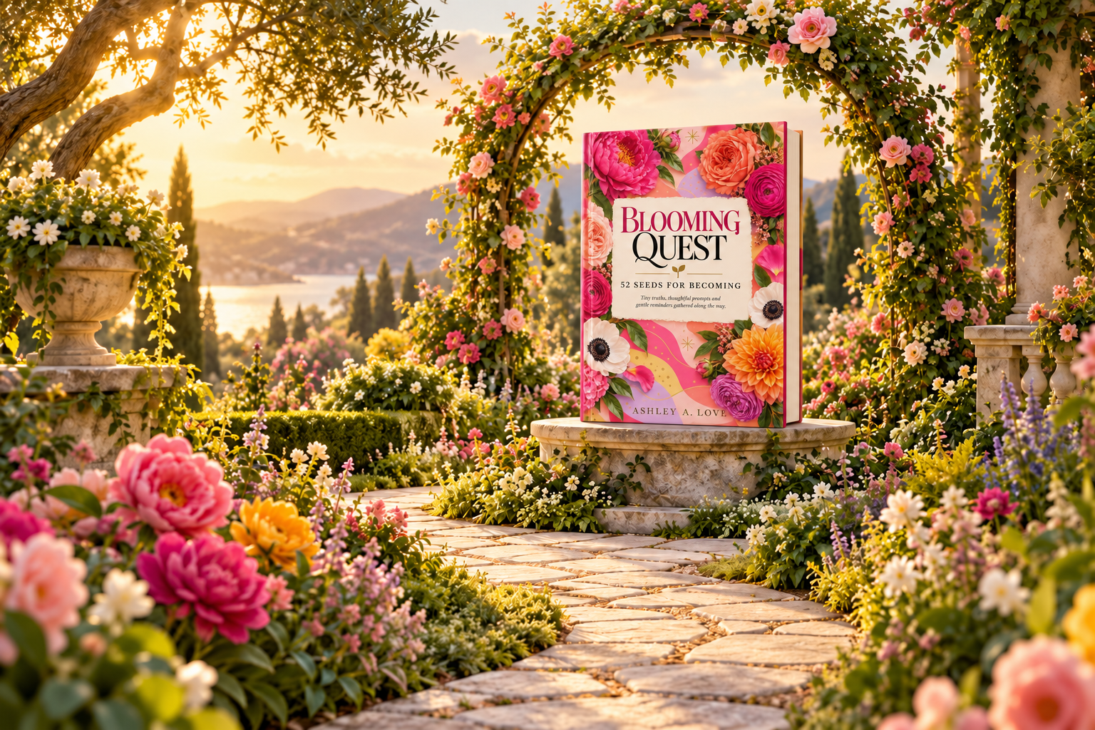 Blooming Quest book resting on a garden plinth surrounded by blooming flowers at golden hour