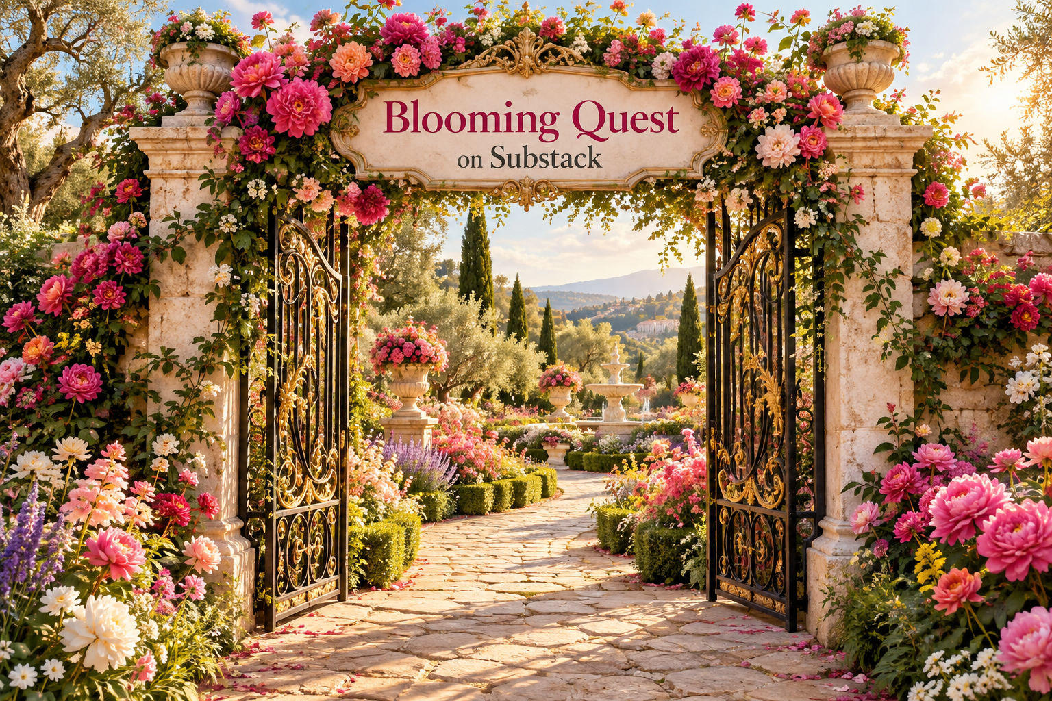 Blooming Quest garden gate adorned with pink and peach flowers opening to a sunlit garden path