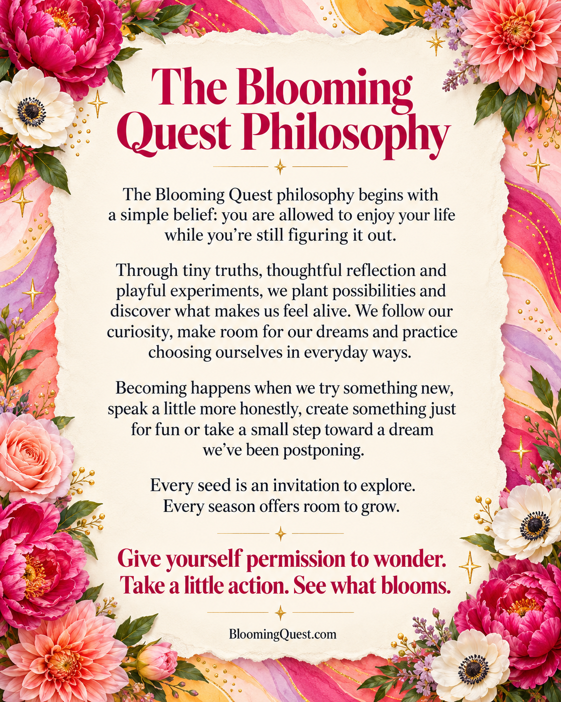 The Blooming Quest Philosophy - a beautifully illustrated poster with vibrant florals featuring the core philosophy about pulling weeds, gathering flowers, and keeping blooming